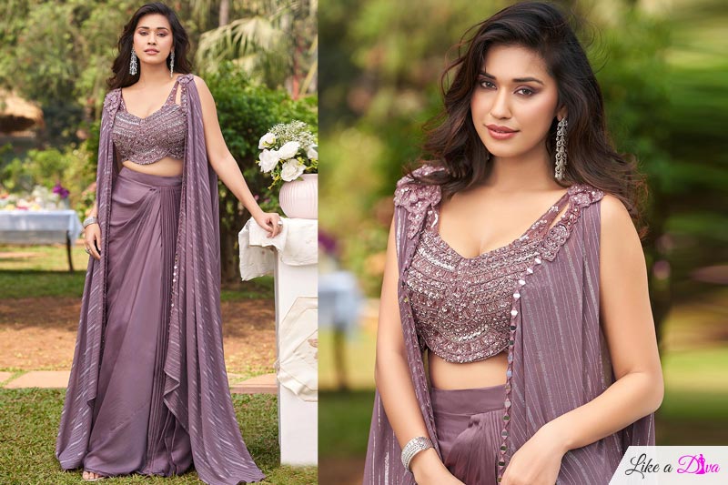 Buy Lilac Embroidered Satin Dhoti Skirt With Top & Shrug