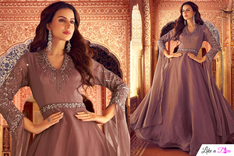Plum Brown Tissue Silk Embroidered Anarkali Dress