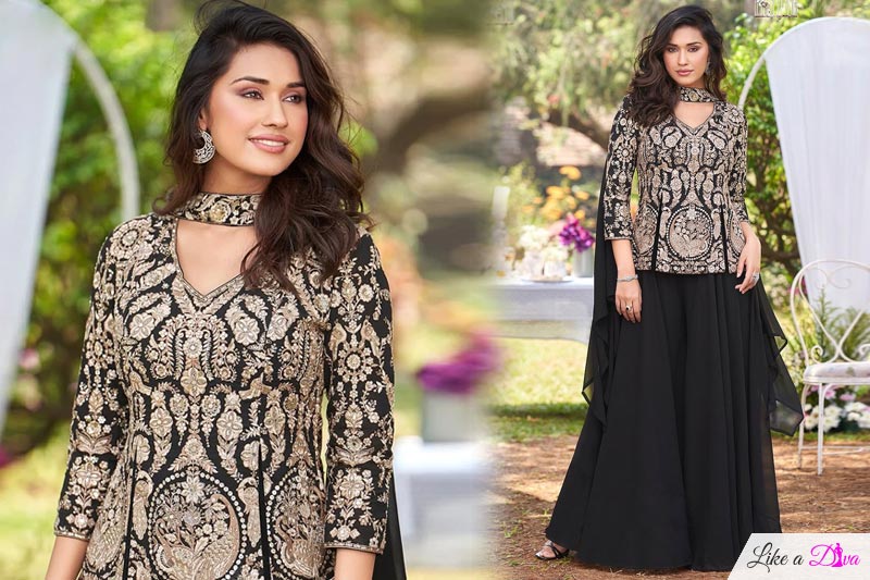 Black & Gold Georgette Embroidered Top & Sharara Set With Dupatta 