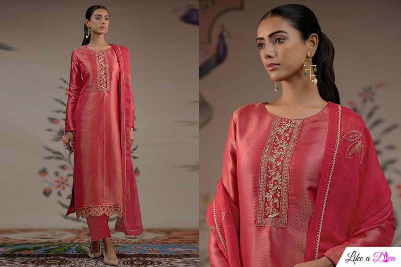 Coral Red Silk Zari Woven & Hand Embroidered Kurta Set