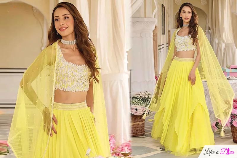 Stunning Lemon Yellow Georgette & Net Indowestern Embroidered Lehenga Set