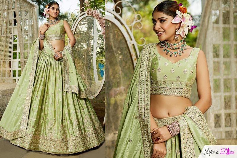 Pastel Green Chinon Silk Embroidered Lehenga Set