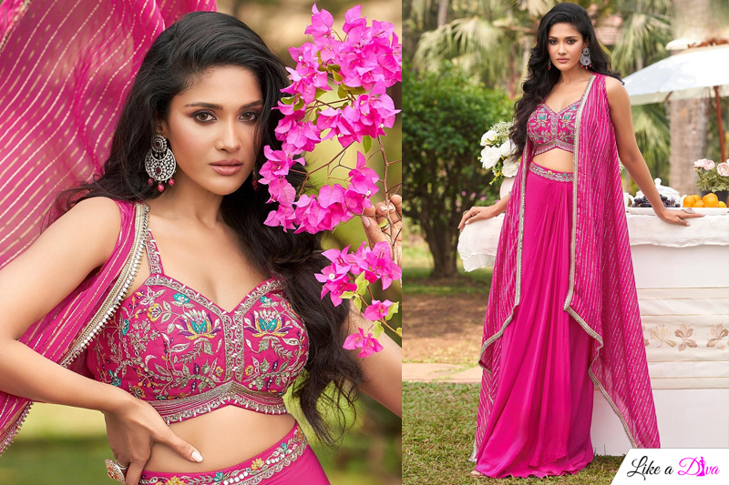 Fuchsia Pink Crepe Silk Indowestern Dhoti Skirt & Top Set With Cape