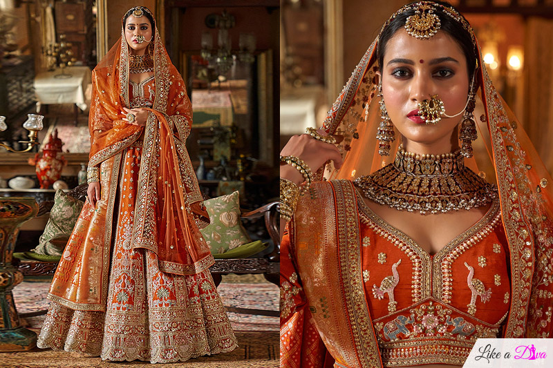 Burnt Orange Silk Embroidered Lehenga Set With Double Dupatta In Net & Banarasi Silk