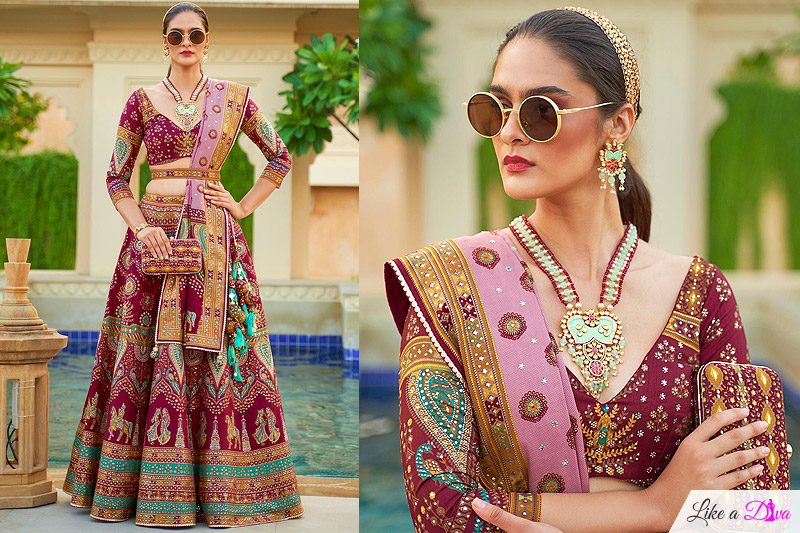 Maroon & Multicolor Woven Silk Embroidered Lehenga Set With Belt