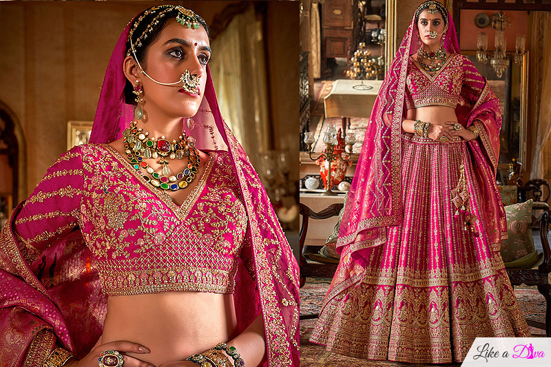 Magenta Pink Silk Embroidered Lehenga Set With Double Dupatta In Net & Banarasi Silk