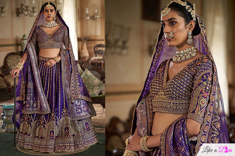 Purple Silk Embroidered Lehenga Set With Double Dupatta & Belt