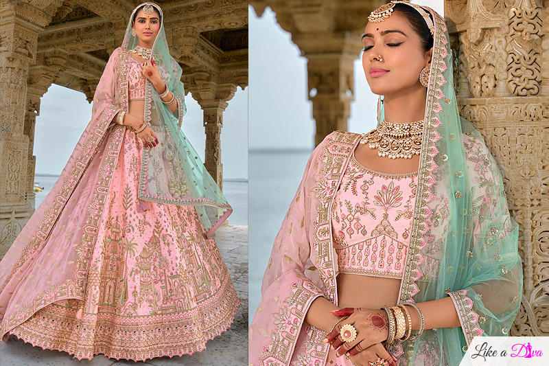 Peach Pink Silk Embroidered Lehenga Set