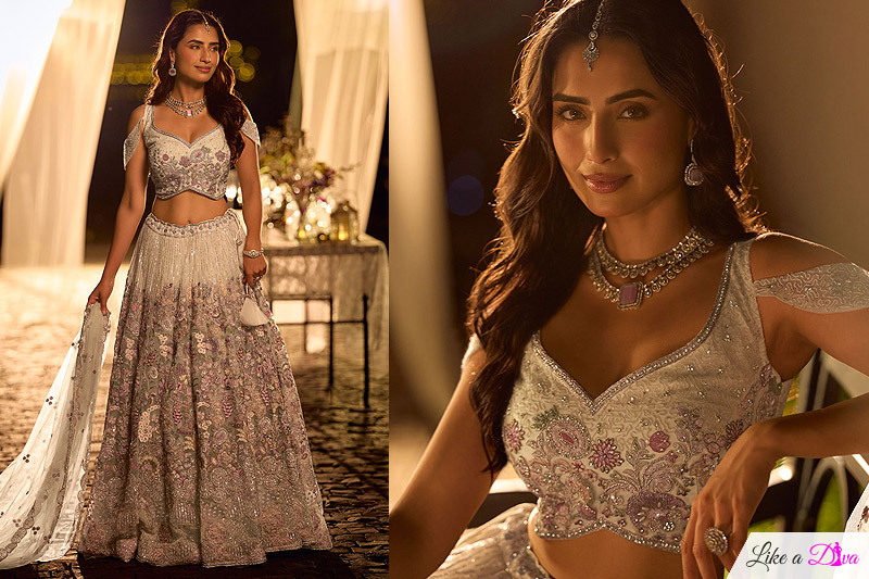 Pearl White Floral Net Embroidered Designer Lehenga Set