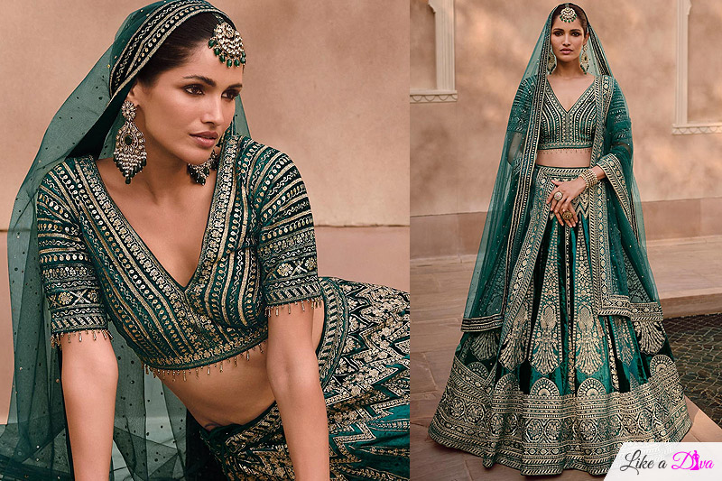 Bottle Green Soft Luxurious Velvet Embroidered Lehenga Set