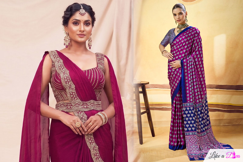 Pre-draped Magenta Hand Embroidered Satin Silk Saree With Belt
