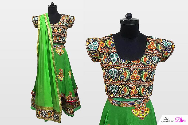 Bright Green Navratri Special Embroidered Cotton Lehenga Choli