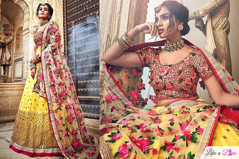 Mustard Net Lehenga Choli with Floral Embroidery