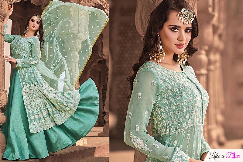 Pastel Turquoise Lucknowi Embroidered Party Wear Lehenga