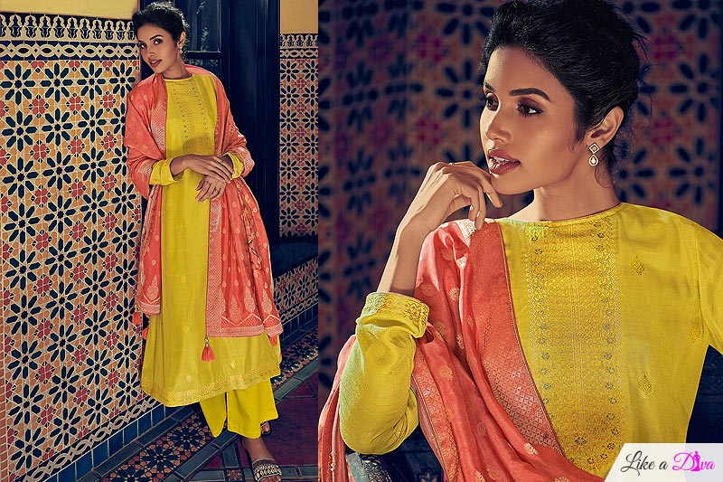 Bright Yellow Party Wear Palazzo Suit in Pure Banarasi Silk Weave