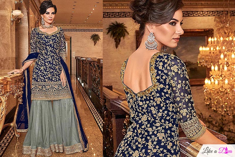 Gorgeous Navy Embroidered Sharara Set in Net