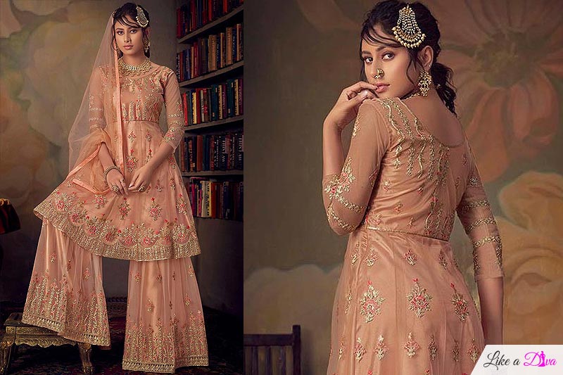 Light Peach Net Shrara Suit with Detailed Resham Embroidery
