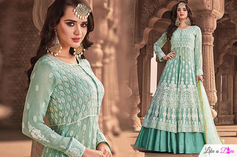 Pastel Turquoise Lucknowi Embroidered Party Wear Lehenga