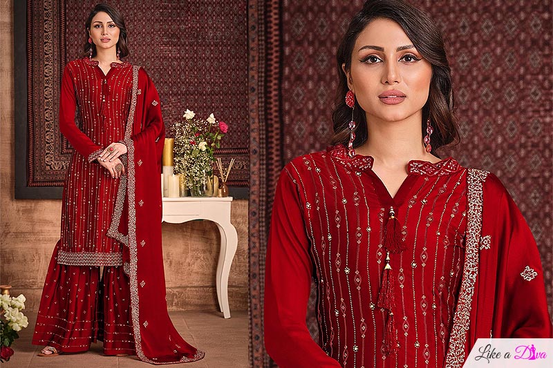 Red Silk Sharara Suit With Sequin And Swarovski Embellishment