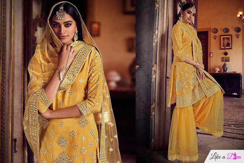 Silk Organza and Net Mustard Yellow Foil Mirror Embellished Sharara Suit