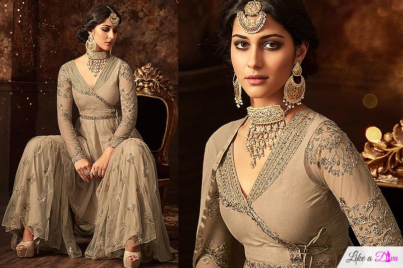 Embroidered Net Sharara/Palazzo Suit In Nude Colou