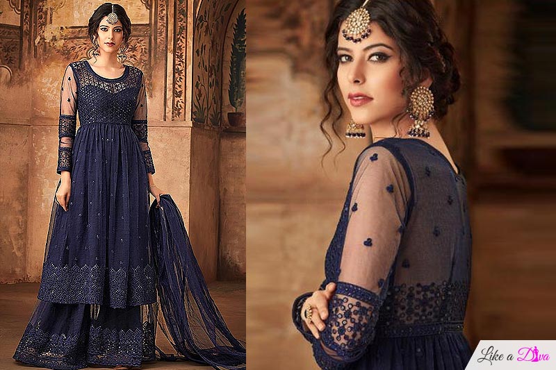 Floral Embroidered Net Sharara Suit in Navy Blue