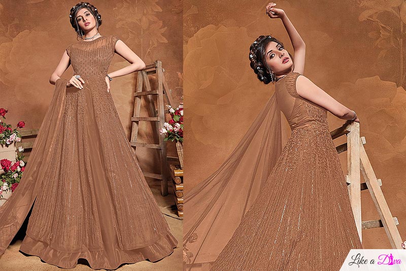 Brown Sequin Embellished Anarkali Dress