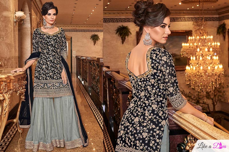 Gorgeous Black Embroidered Sharara Set in Net