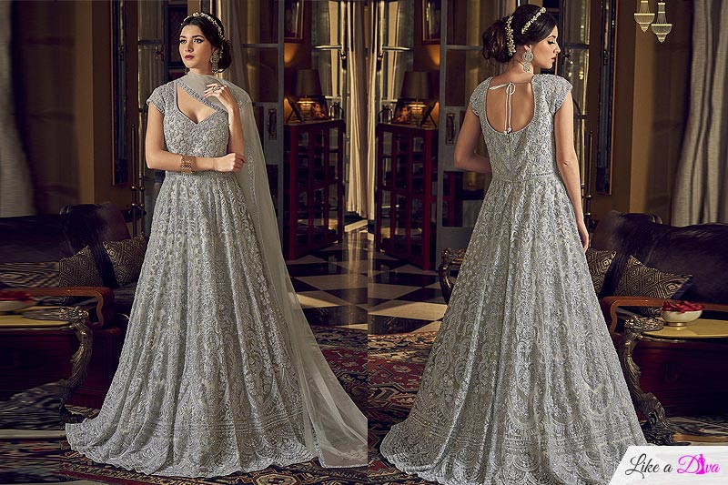 Silver Grey Party Wear Embroidered Net Anarkali Suit