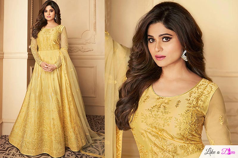 Yellow Embroidered Anarkali Suit with Net Dupatta