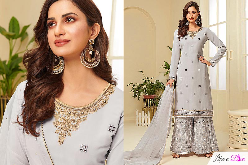 Grey Resham Embroidered Georgette Palazzo Suit with Gota Work