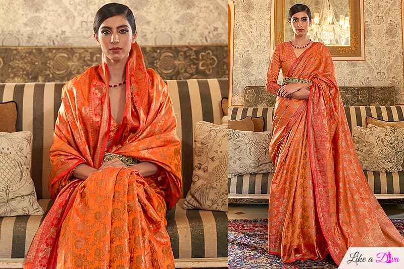 Orange Tussar Silk Weaved Saree