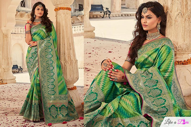 Light Green And Dark Green Banarasi Silk Saree