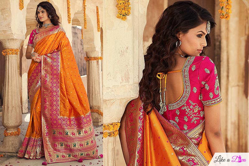 Orange And Pink Banarasi Silk Saree