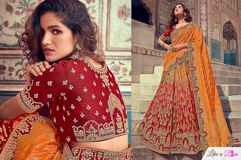 Red & Orange Banarasi Silk Embroidered Lehenga