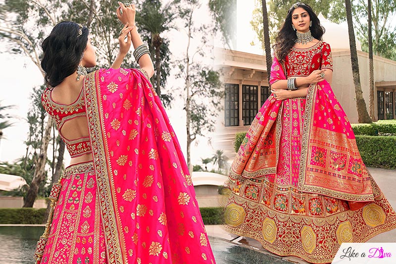 Pink And Red Zari Embroidered Banarasi Silk Lehenga