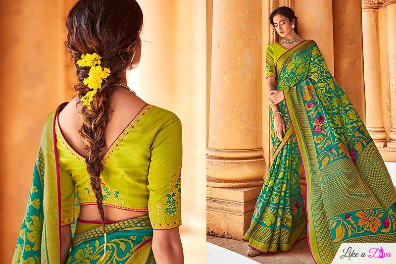 Blue Green Paithani Silk Printed Saree