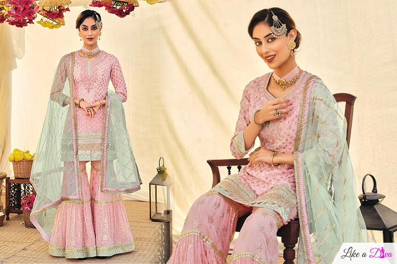 Light Pink Embroidered Georgette Sharara Suit