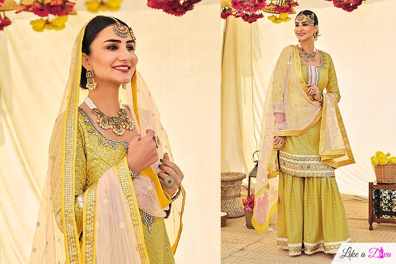 Lime Green Embroidered Georgette Sharara Suit