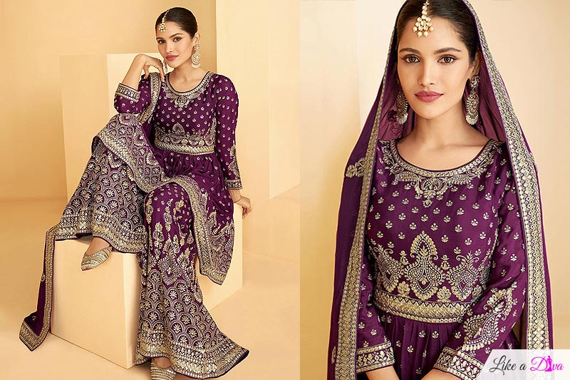 Purple Embellished Georgette Suit With Sharara