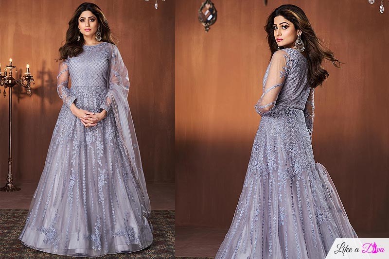 Buy Lilac Net Embroidered Anarkali With Skirt & Dupatta