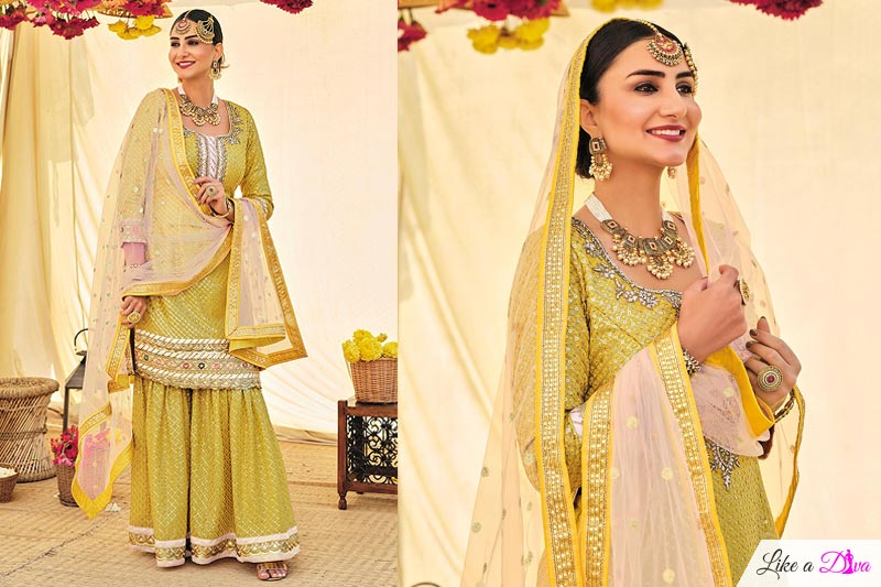 Buy Lime Green Embroidered Georgette Sharara Suit