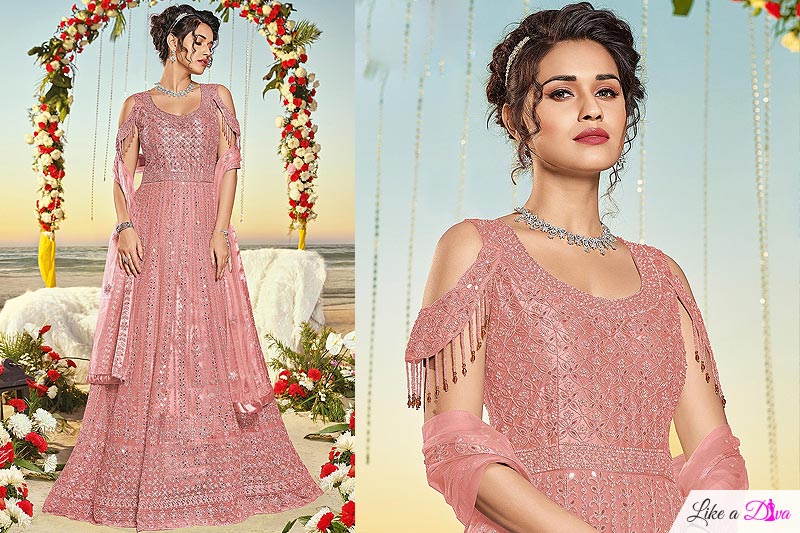 Peach Pink Net Embroidered Anarkali Suit