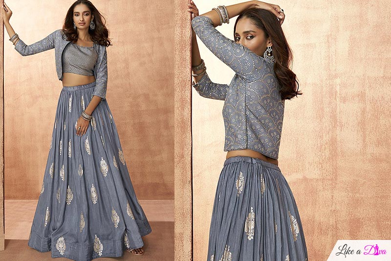 Ready To Wear Steel Blue Silk Top & Skirt Set With Jacket