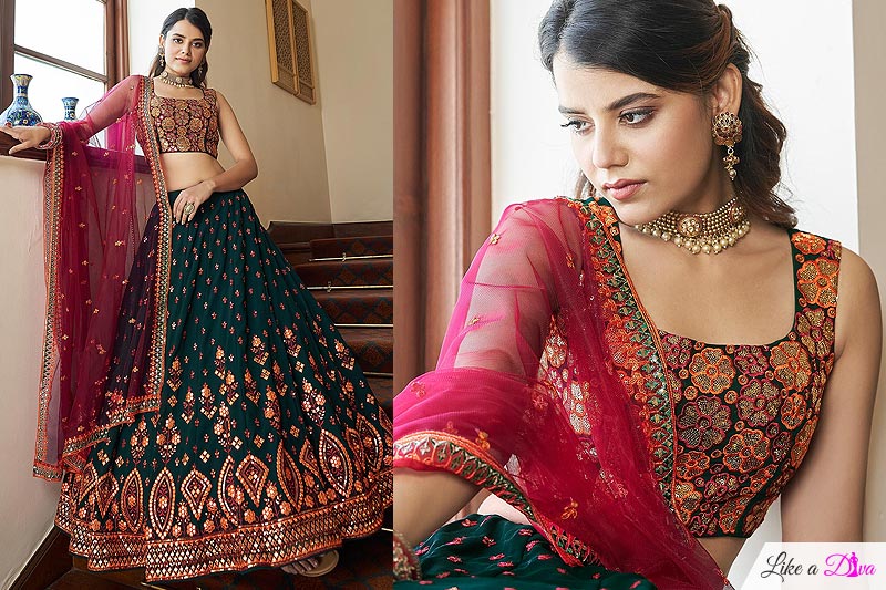 bottle-green-and-magenta-georgette-embroidered-lehenga