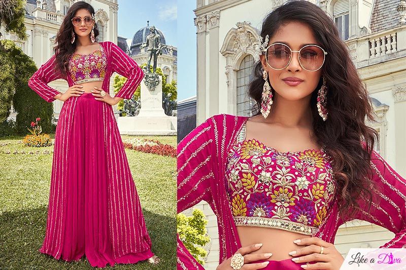 Ready To Wear Magenta Pink Chinon Embellished 3 Piece Attire