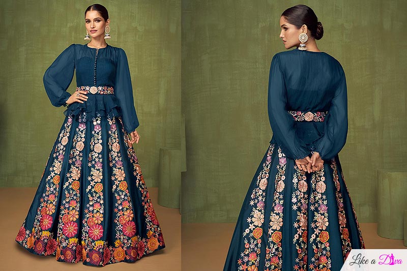 Ready To Wear Prussian Blue Georgette Floral Embroidered Top & Skirt Set