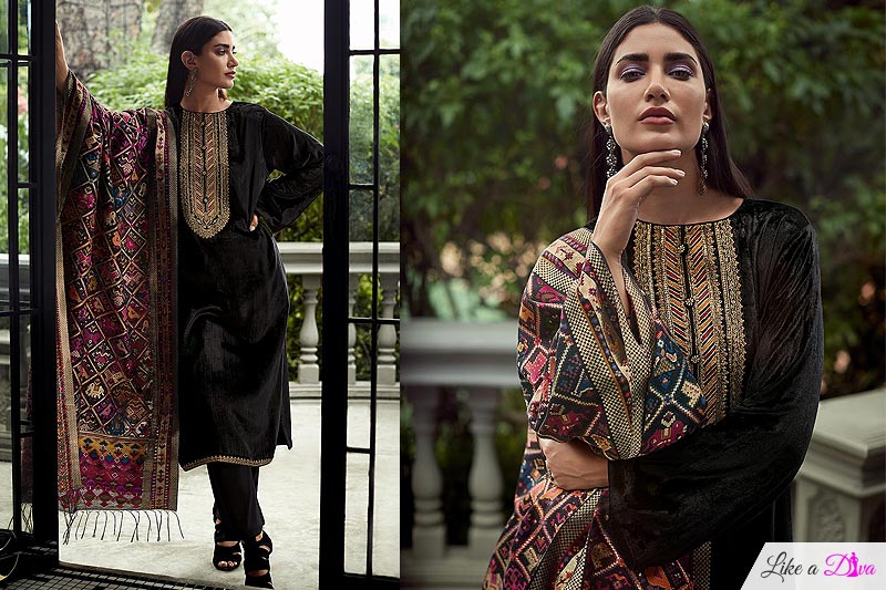 Black Velvet Embroidered Suit With Woven Silk Dupatta