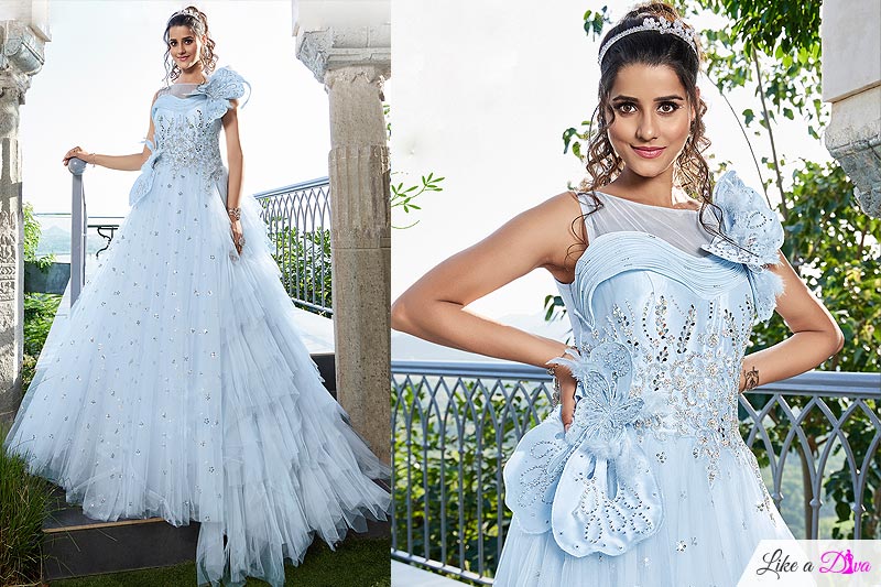 Ready To Wear Ice Blue Net Embroidered 3d Effect Designer Indo Western Dress