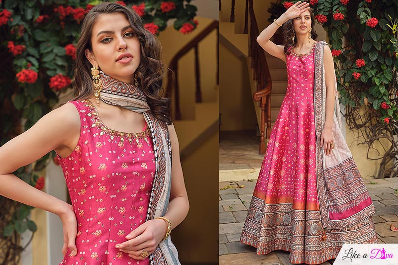 Ready To Wear Pink Multicolor Patola Print Silk Anarkali Dress With Dupatta & Sleeves